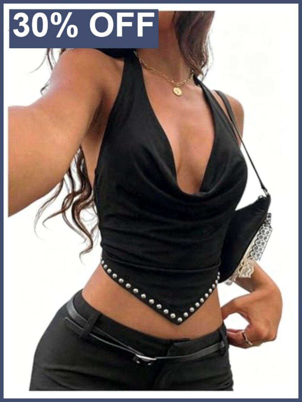 Draped Cowl Neck Halter Top Studded Backless Asymmetrical Crop